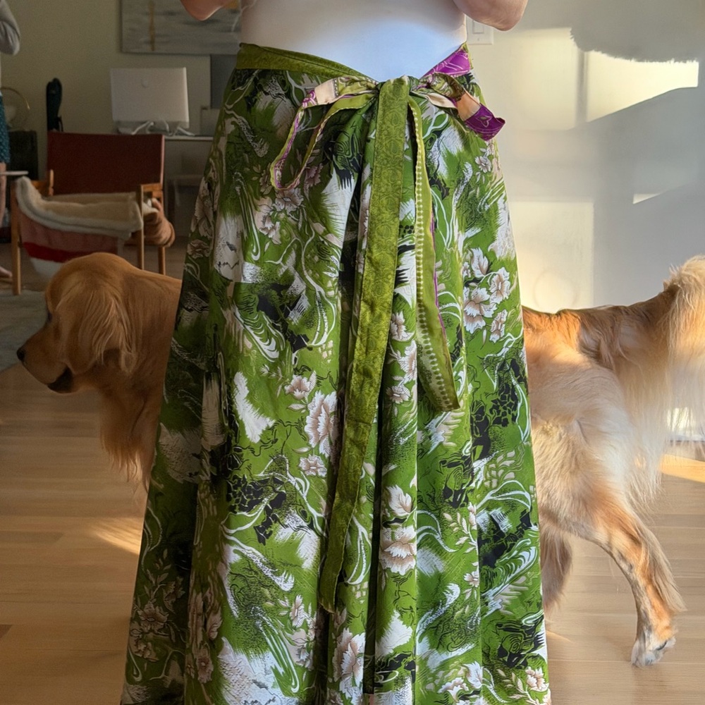 Custom Floral Reversible Scarf Wrap Around Green Purple White Floral Maxi Skirt